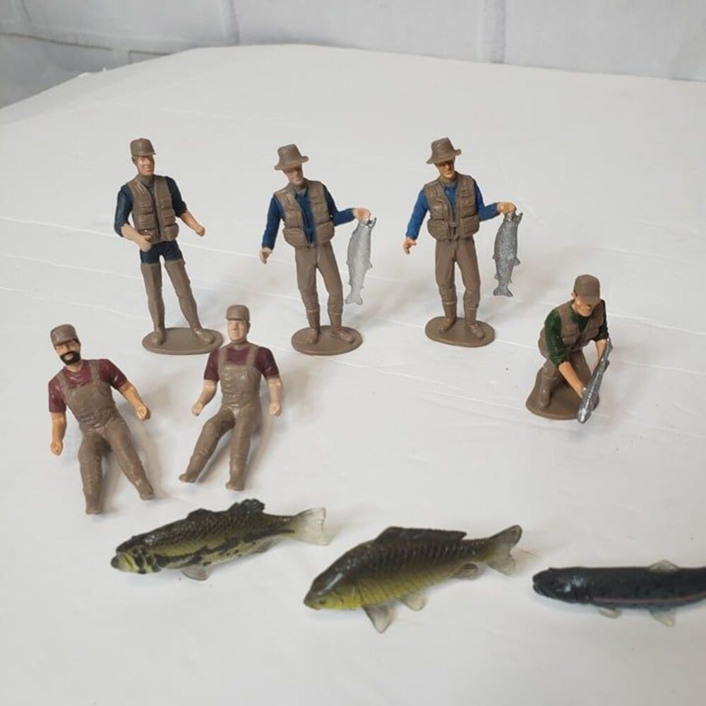 Vintage Lot of 9 Popak Fishermen Cake Topper Figures 2" Fish Fishing Decor